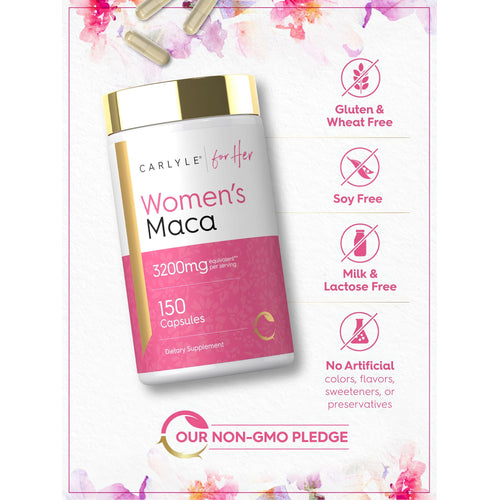 View 5 Women's Maca bottle: Gluten & Wheat Free, Soy Free, Milk & Lactose Free, No Artificial Colors/Flavors/Sweeteners/Preservatives, OUR NON-GMO PLEDGE