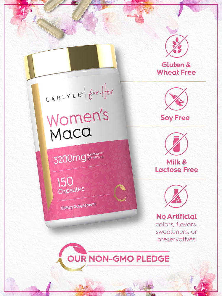Women's Maca bottle: Gluten & Wheat Free, Soy Free, Milk & Lactose Free, No Artificial Colors/Flavors/Sweeteners/Preservatives, OUR NON-GMO PLEDGE