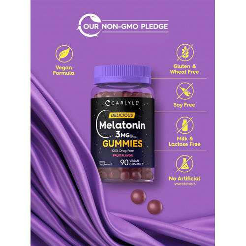 View 5 Melatonin Gummies bottle: Our Non-GMO Pledge, Vegan Formula, Gluten & Wheat Free, Soy Free, Milk & Lactose Free, No Artificial sweeteners