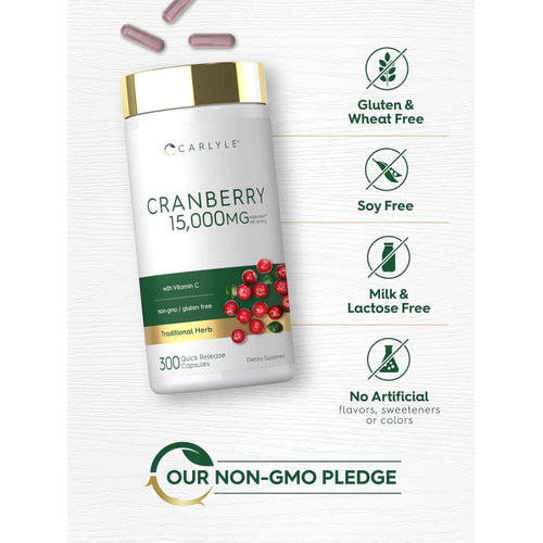 View 5 Cranberry bottle with icons indicating gluten, wheat, soy, milk, lactose free, no artificial flavors/colors, non-GMO.