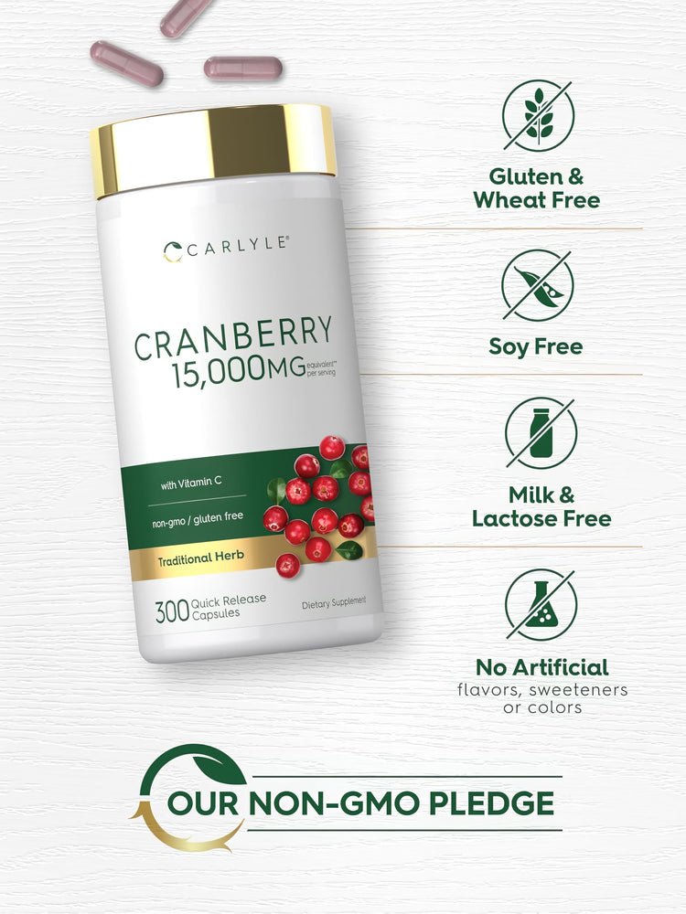 Cranberry bottle with icons indicating gluten, wheat, soy, milk, lactose free, no artificial flavors/colors, non-GMO.