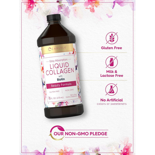 View 5 Liquid Collagen bottle with icons indicating gluten-free, milk and lactose-free, no artificial colors or sweeteners, non-GMO.