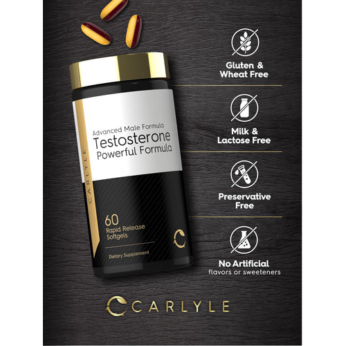 View 5 Testosterone Power bottle with icons indicating gluten, wheat, milk, lactose, and preservative free; no artificial flavors or sweeteners.