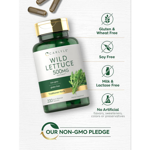 View 5 Wild Lettuce bottle: Gluten & Wheat Free, Soy Free, Milk & Lactose Free, No Artificial Flavors/Sweeteners/Colors/Preservatives