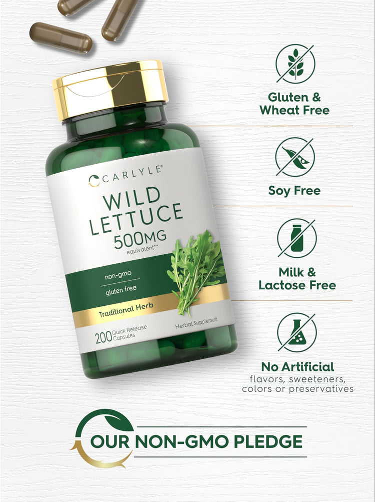 Wild Lettuce bottle: Gluten & Wheat Free, Soy Free, Milk & Lactose Free, No Artificial Flavors/Sweeteners/Colors/Preservatives