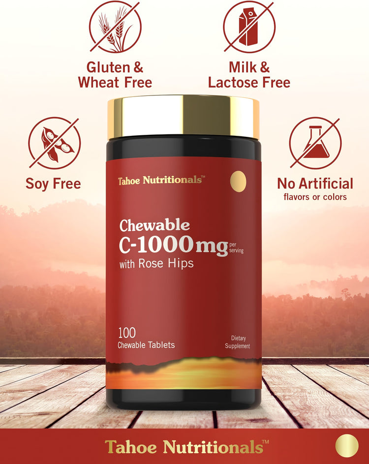 Vitamin C bottle: Free from gluten, wheat, milk, lactose, and soy; no artificial flavors or colors.