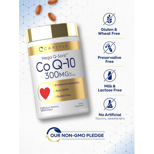 View 5 Carlyle Mega Q-Sorb Co Q-10, 300MG per serving, 120 quick release softgels bottle.