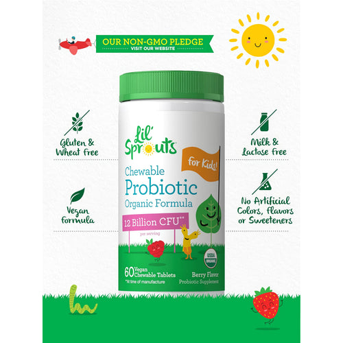 View 5 Probiotic bottle with icons indicating gluten, wheat, milk, lactose free, vegan, no artificial colors/flavors, non-GMO, USDA organic.