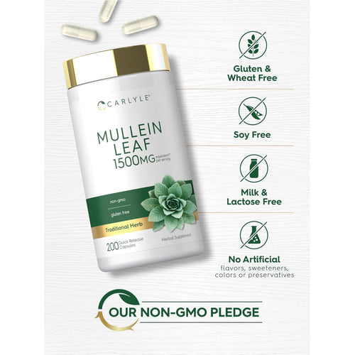 View 5 Mullein Leaf bottle: Gluten & Wheat Free, Soy Free, Milk & Lactose Free, No Artificial Flavors/Sweeteners/Colors/Preservatives, Non-GMO