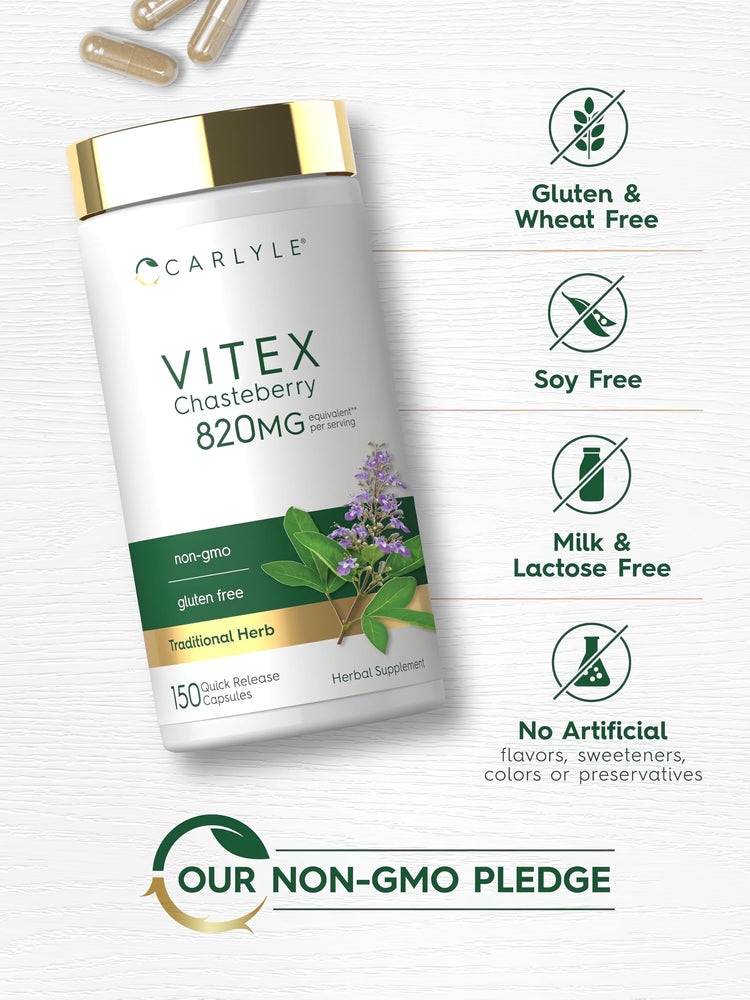 Vitex bottle: Gluten & Wheat Free, Soy Free, Milk & Lactose Free, No Artificial Flavors/Sweeteners/Colors/Preservatives, Non-GMO