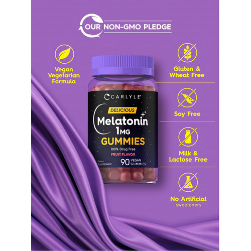View 5 Melatonin Gummies bottle with icons indicating Non-GMO, Vegan, Vegetarian, Gluten-Free, Soy-Free, and No Artificial Sweeteners.