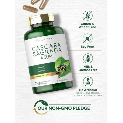 View 5 Cascara Sagrada bottle with icons indicating it is gluten and wheat free, soy free, milk and lactose free, and non-GMO.