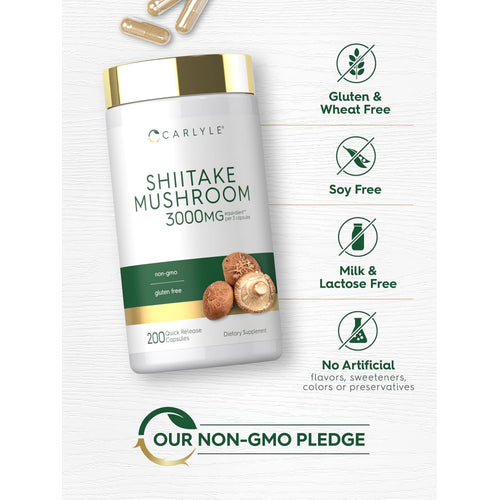 View 5 Shiitake Mushroom bottle with icons indicating gluten, wheat, soy, milk, lactose free, no artificial flavors, and non-GMO.