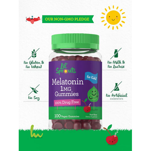 View 5 Melatonin bottle with icons indicating Non-GMO, Gluten & Wheat Free, Soy Free, Milk & Lactose Free, No Artificial Sweeteners.