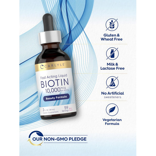 View 5 CL Biotin Liquid bottle with icons indicating Gluten & Wheat Free, Milk & Lactose Free, No Artificial Sweeteners, Vegetarian, Non-GMO.