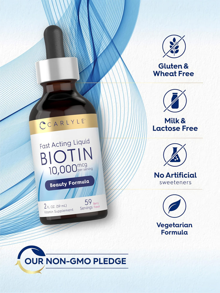 CL Biotin Liquid bottle with icons indicating Gluten & Wheat Free, Milk & Lactose Free, No Artificial Sweeteners, Vegetarian, Non-GMO.