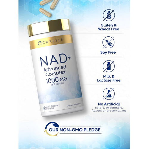 View 5 NAD+ Complex bottle with icons indicating gluten, wheat, soy, milk, lactose free, no artificial additives, and non-GMO.