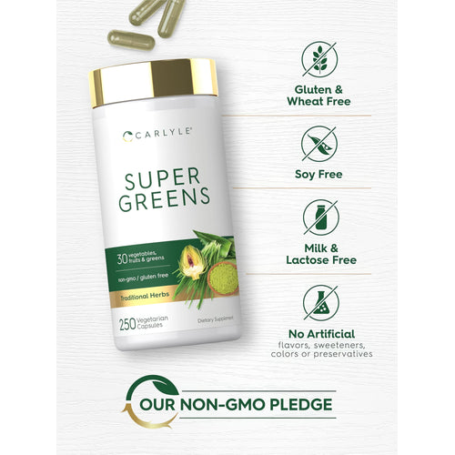 View 5 Carlyle Super Greens 250 Vegetarian Capsules bottle. Label reads: '30 vegetables, fruits & greens', 'non-gmo / gluten free', 'Traditional Herbs'.