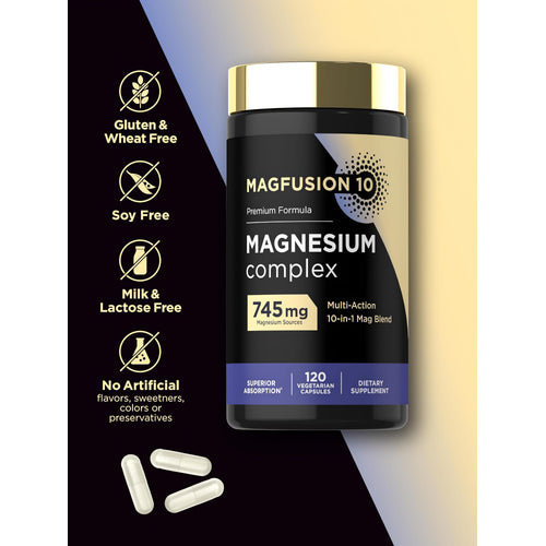 View 5 Magnesium Complex bottle with icons indicating gluten & wheat free, soy free, milk & lactose free, no artificial flavors/sweeteners/colors/preservatives.