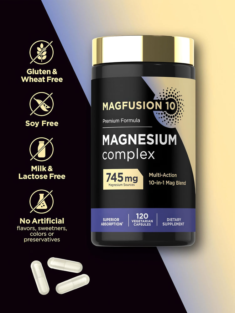 Magnesium Complex bottle with icons indicating gluten & wheat free, soy free, milk & lactose free, no artificial flavors/sweeteners/colors/preservatives.