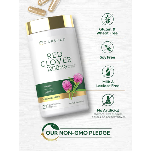 View 5 Red Clover bottle with icons indicating Gluten & Wheat Free, Soy Free, Milk & Lactose Free, No Artificial Flavors, Non-GMO.