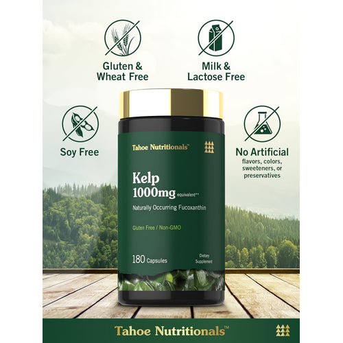 View 5 Kelp bottle with icons indicating gluten, wheat, milk, lactose, soy free; non-GMO; no artificial flavors, colors, sweeteners, preservatives.