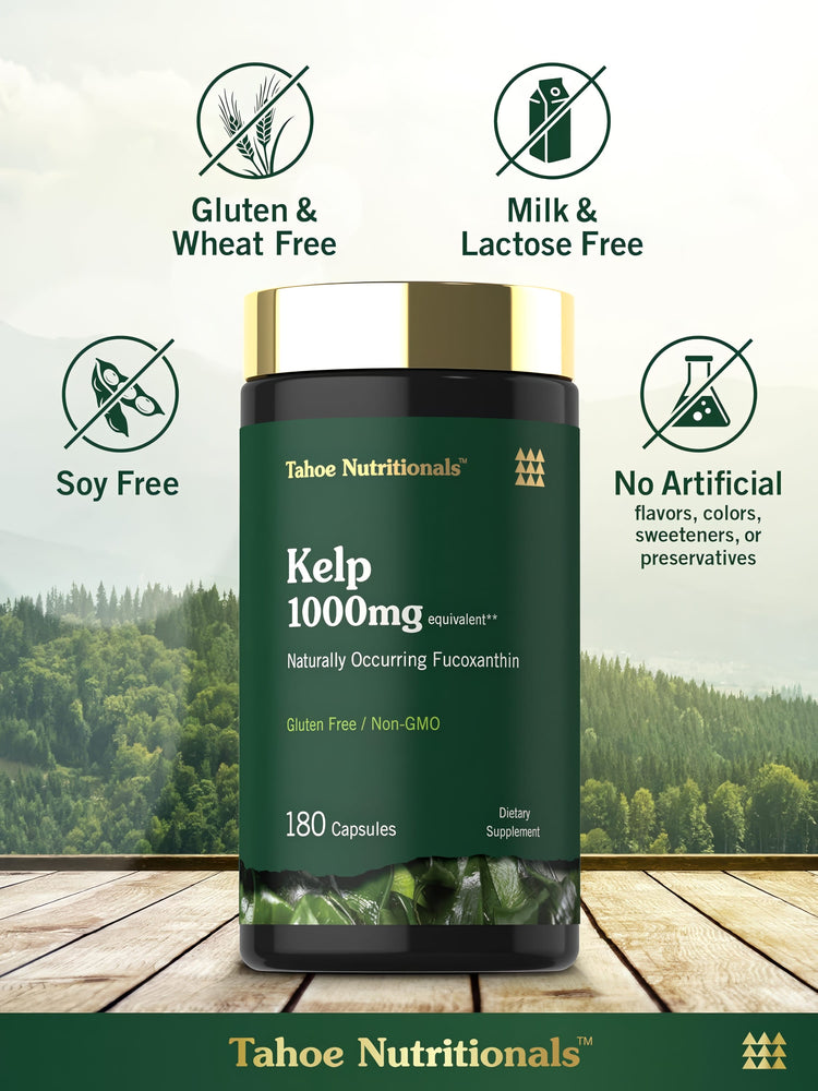 Kelp bottle with icons indicating gluten, wheat, milk, lactose, soy free; non-GMO; no artificial flavors, colors, sweeteners, preservatives.