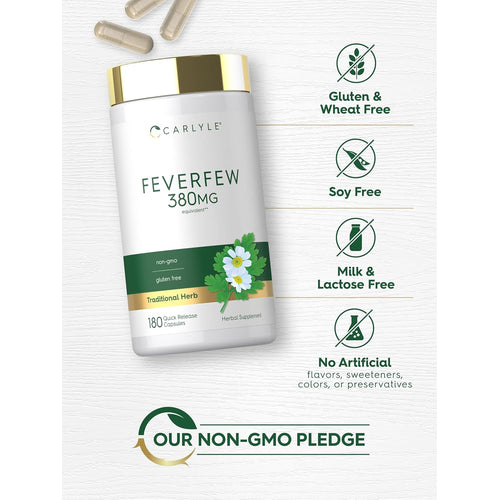 View 5 Feverfew bottle with icons indicating Gluten & Wheat Free, Soy Free, Milk & Lactose Free, Non-GMO, and no artificial additives.
