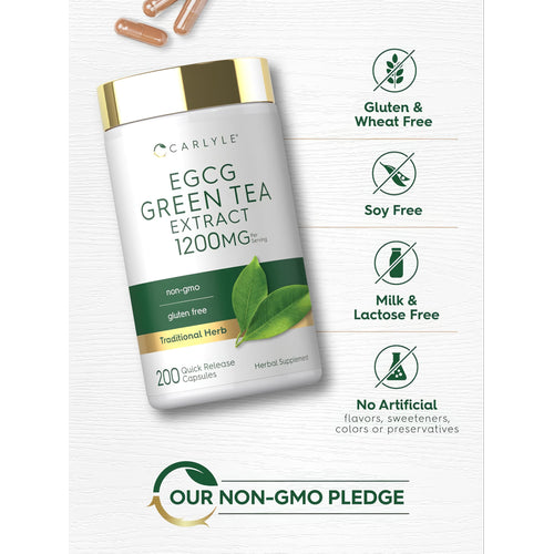 View 5 EGCG Green Tea Extract bottle: Gluten & Wheat Free, Soy Free, Milk & Lactose Free, Non-GMO, No Artificial Flavors/Sweeteners/Colors/Preservatives
