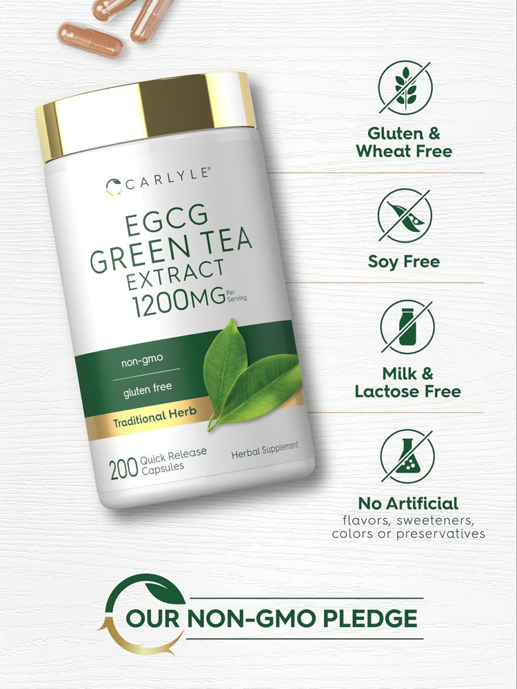 EGCG Green Tea Extract bottle: Gluten & Wheat Free, Soy Free, Milk & Lactose Free, Non-GMO, No Artificial Flavors/Sweeteners/Colors/Preservatives