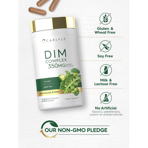 View 5 Carlyle DIM Complex 350mg per 2 capsules, non-GMO, gluten free, with broccoli and kale, 200 quick release capsules.