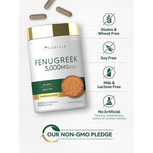 View 5 Fenugreek bottle with icons indicating Gluten & Wheat Free, Soy Free, Milk & Lactose Free, No Artificial Flavors or Preservatives, Non-GMO.