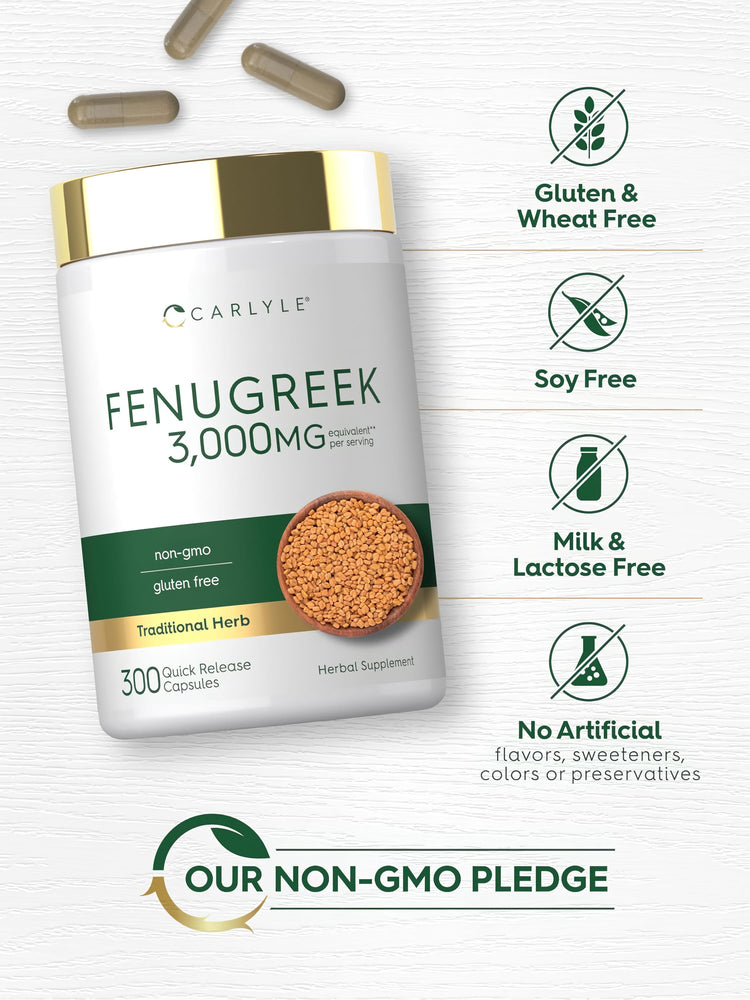 Fenugreek bottle with icons indicating Gluten & Wheat Free, Soy Free, Milk & Lactose Free, No Artificial Flavors or Preservatives, Non-GMO.