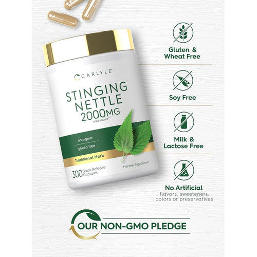 View 5 Stinging Nettle bottle with icons indicating Gluten & Wheat Free, Soy Free, Milk & Lactose Free, No Artificial Flavors, Non-GMO.