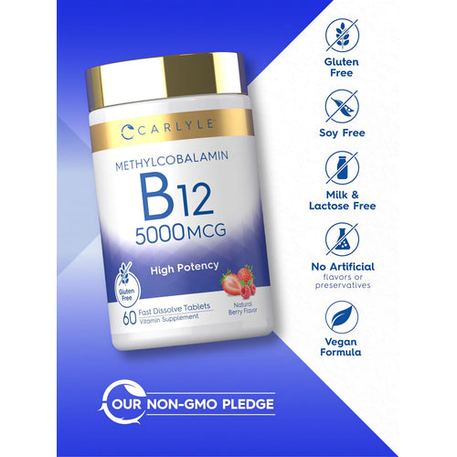 View 5 Methyl B-12 bottle with icons indicating Gluten, Soy, Milk & Lactose Free, No Artificial Flavors/Preservatives, Vegan, Non-GMO.