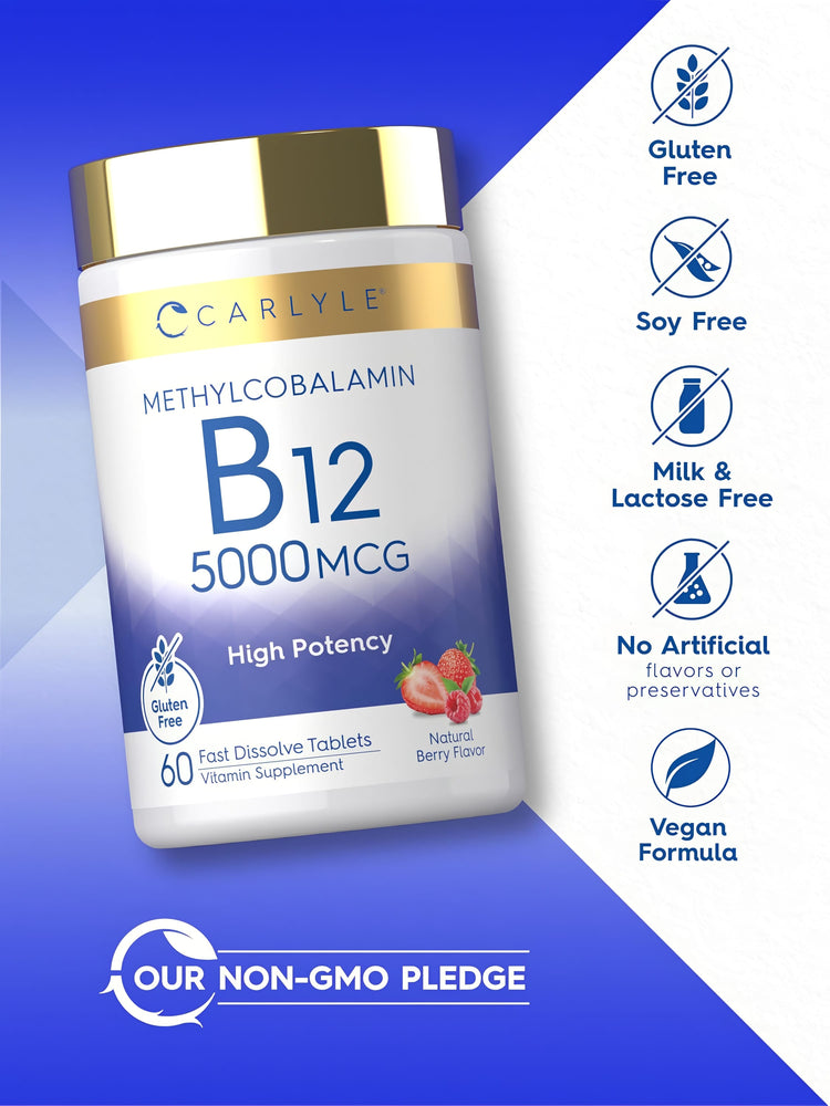 Methyl B-12 bottle with icons indicating Gluten, Soy, Milk & Lactose Free, No Artificial Flavors/Preservatives, Vegan, Non-GMO.