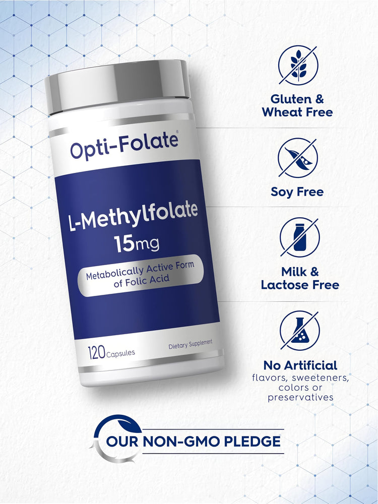 L-Methylfolate bottle with icons indicating Gluten-Free, Soy-Free, Milk-Free, No Artificial Additives, Non-GMO attributes.
