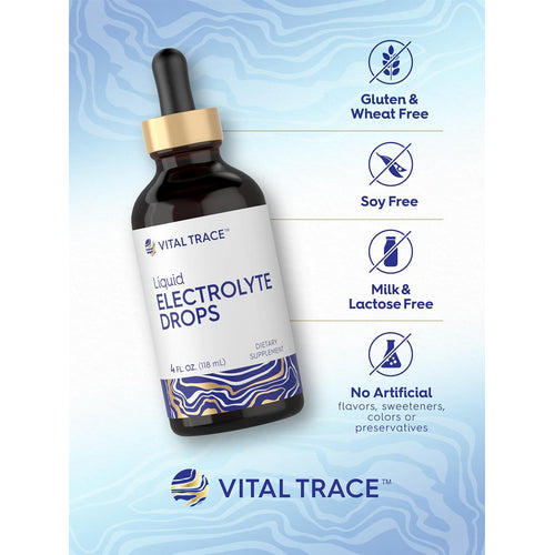 View 5 Electrolyte Drops bottle with icons indicating gluten free, soy free, milk/lactose free, and no artificial additives.