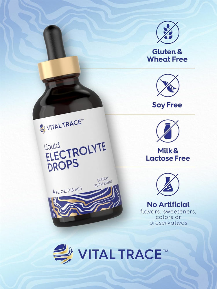 Electrolyte Drops bottle with icons indicating gluten free, soy free, milk/lactose free, and no artificial additives.