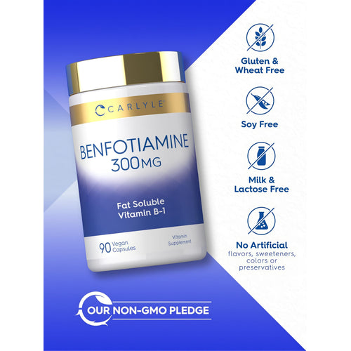 View 5 Benfotiamine bottle with icons indicating Gluten & Wheat Free, Soy Free, Milk & Lactose Free, No Artificial Flavors, and Non-GMO.