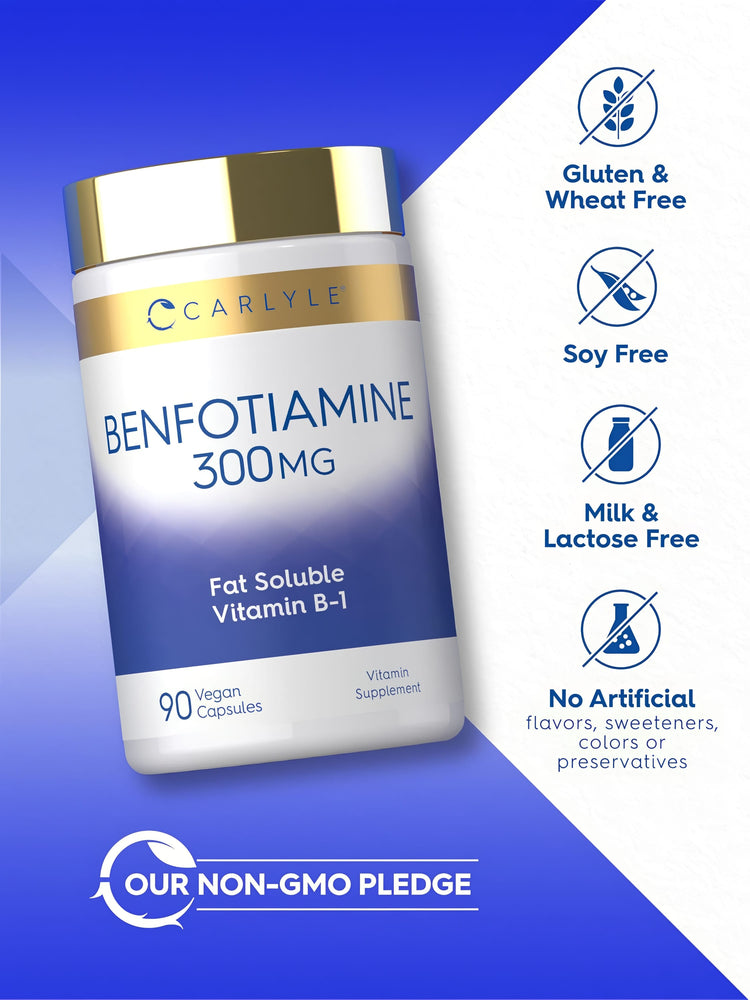 Benfotiamine bottle with icons indicating Gluten & Wheat Free, Soy Free, Milk & Lactose Free, No Artificial Flavors, and Non-GMO.