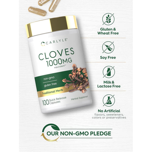 View 5 Cloves bottle with icons indicating gluten and wheat free, soy free, milk and lactose free, no artificial additives, non-GMO.