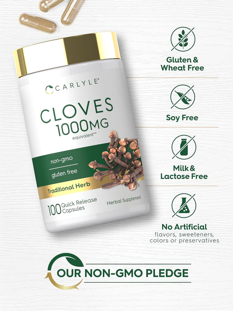Cloves bottle with icons indicating gluten and wheat free, soy free, milk and lactose free, no artificial additives, non-GMO.