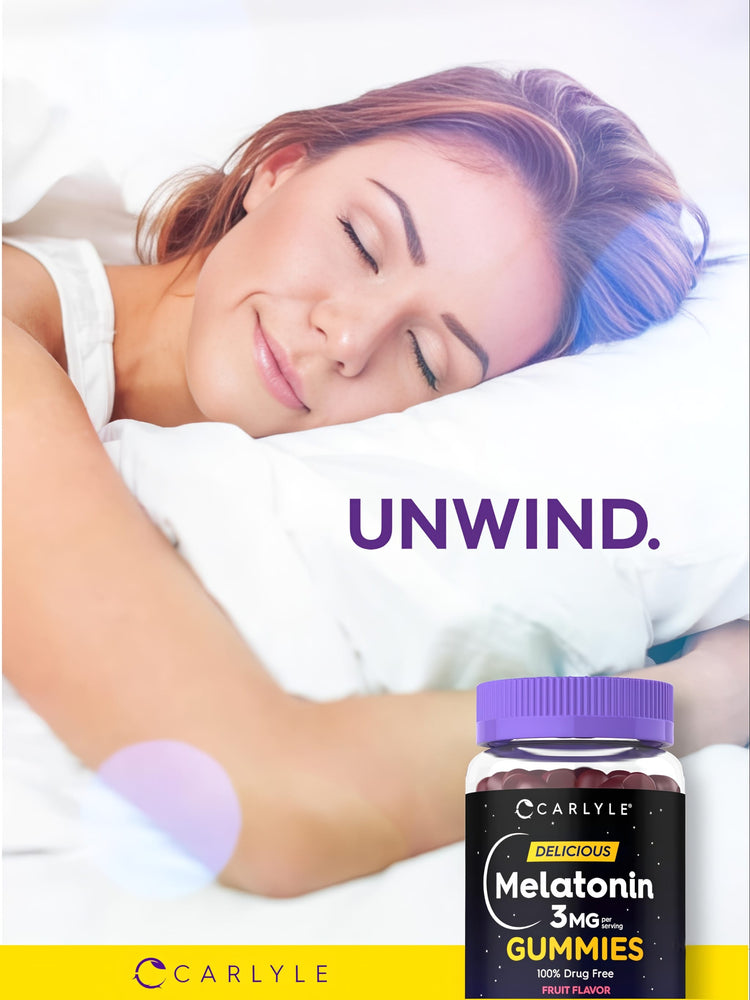 Carlyle Delicious Melatonin Gummies, 3MG per serving, 100% drug-free, fruit flavor.
