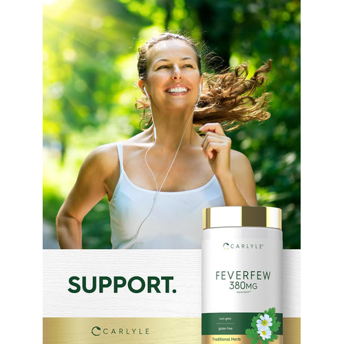 View 6 A woman smiling while running outdoors with earphones near a Feverfew bottle.