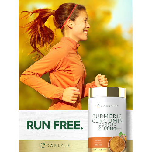 View 6 A young adult female runs outdoors next to a bottle of Carlyle Turmeric Curcumin Complex.