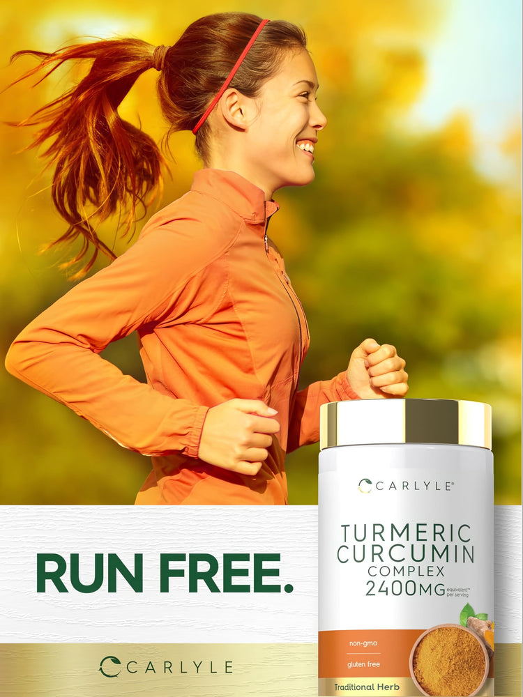 A young adult female runs outdoors next to a bottle of Carlyle Turmeric Curcumin Complex.