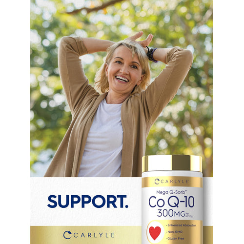 View 6 Carlyle Mega Q-Sorb CoQ10 300MG bottle shown with a smiling woman and the word 'SUPPORT' displayed.