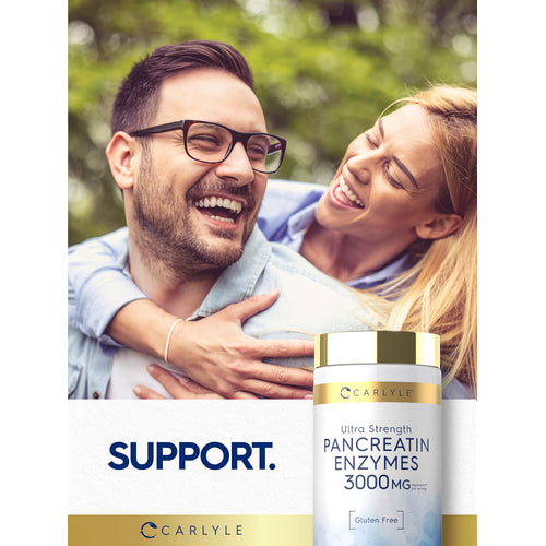 View 6 A young couple laughing and hugging, holding a bottle of Carlyle Pancreatin Enzymes, conveying joy and wellness.