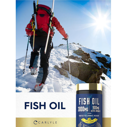 View 6 Person hiking a snowy mountain carrying ski gear and trekking poles, alongside a bottle of Carlyle Fish Oil.